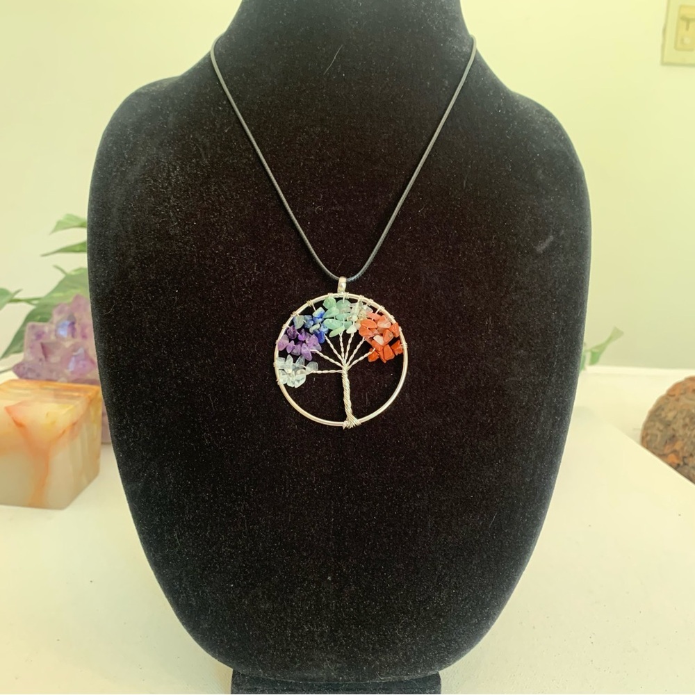 7 Chakra Stone Crystal Tree of Life Wire Wrapped Pendant Necklace Silver Tone 2" - Picture 7 of 7